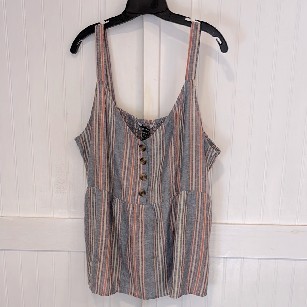 Tribal vertical, blue/orange Striped Sleeveless Top w/stretch back panel size XL